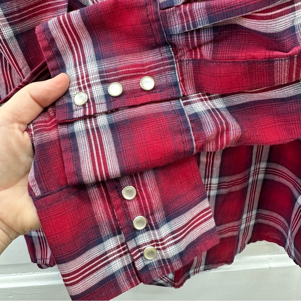 Wrangler western wear pearl snap button down long sleeve plaid shirt men's large - Picture 4 of 5